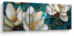 Obraz - Witraż z magnolią (z zegarem) (90x30 cm)