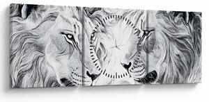 Obraz - Rysowane lwie głowy (z zegarem) (90x30 cm)