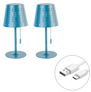 Zestaw 2 lamp stołowych niebieskich, w tym LED 3-stopniowy ściemniacz ładowany i solarny - Ferre