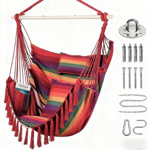Fotel wiszący huśtawka - XXL - 150 x 130 cm - Bawełna - Tęczowy z 2 poduszkami i poduszką pod szyję