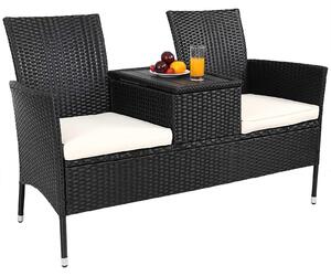 Ławka ogrodowa dwuosobowa - Polirattan - 143 x 64 x 88 cm - Czarna - Z miejscem na przechowywanie i stolikiem