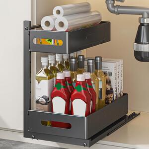Organizer kuchenny pod zlew - Wysuwany - 2 poziomy - Czarny - Stal węglowa - 43 x 26,5 x 37,2 cm