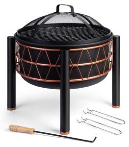 Palenisko barbecue miska ogniowa - 54 cm - Czarny z miedzianymi detalami - Ruszt do grillowania - Na taras i do ogrodu