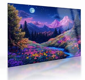 Obraz na szkle - Fioletowy krajobraz przy pełni księżyca (70x50 cm)