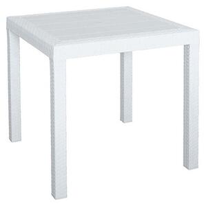 Kwadratowy stó ogrodowy 80 x 80 cm z tworzywa sztucznego imitujcego wiklin, z regulowanymi nogami i otworem na parasol w rodku – Nasa – biay