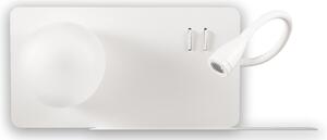 Biała lampa ścienna z półką szklany klosz kula i giętkie ramię port USB i dwa włączniki Ideal Lux 174822
