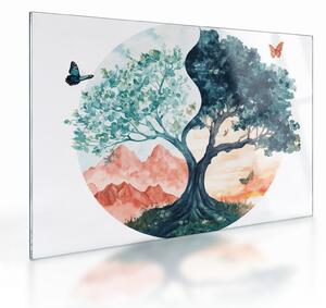 Obraz na szkle – Akwarelowe drzewo pełne życia (70x50 cm)