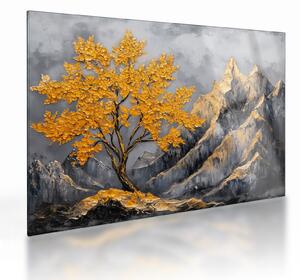 Obraz na szkle – Złote drzewo w górach (70x50 cm)
