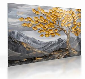 Obraz na szkle – Drzewo ze złotymi liśćmi (70x50 cm)