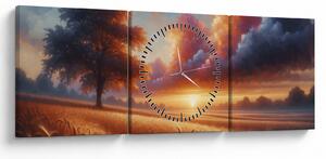 Obraz – Zachód słońca na polu (z zegarem) (90x30 cm)
