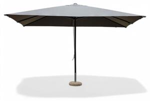 Prostoktny parasol ogrodowy z czarnego aluminium o wymiarach 3 x 4 m, z szarym pokrowcem z poliestru i bloczkiem