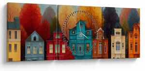 Obraz - Malowane jesienne miasto (z zegarem) (90x30 cm)