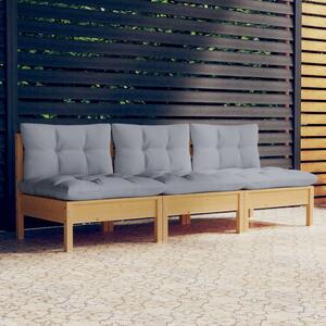 3-osobowa sofa ogrodowa z szarymi poduszkami, drewno sosnowe