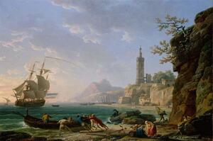 Reprodukcja A Coastal Mediterranean Landscape with a Dutch Merchantman in a Bay, Claude Joseph Vernet