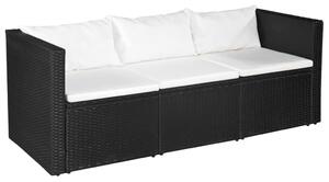 3-osobowa sofa ogrodowa, czarny polirattan z białymi poduszkami