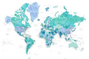 Mapa Aquamarine and blue watercolor detailed world map, Blursbyai