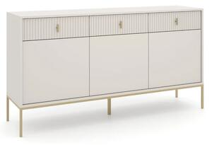 Komoda do Salonu Sypialni MARCOS 154 cm Kaszmir/Złoty Ryflowana Trzydrzwiowa z Szufladami Glamour