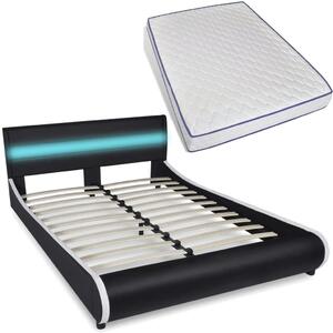Łóżko LED z materacem memory, czarne, sztuczna skóra 140x200 cm