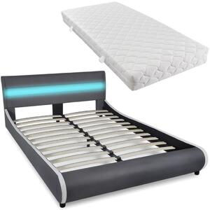 Łóżko LED z materacem, szare, sztuczna skóra, 140 x 200 cm