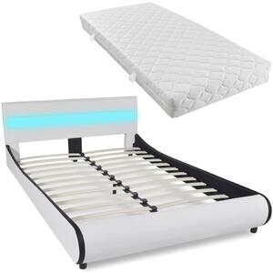 Łóżko LED z materacem, białe, sztuczna skóra, 140 x 200 cm