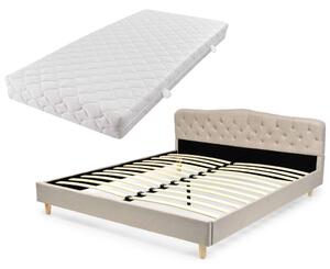 Łóżko z materacem, beżowe, tkanina, 180x200 cm