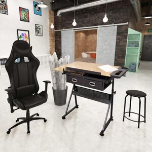 Regulowany stół kreślarski i krzesło biurowe na kółkach