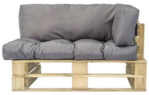 Sofa ogrodowa z palet z szarymi poduszkami, sosnowe drewno