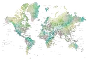 Mapa Watercolor world map with cities in muted green Oriole, Blursbyai