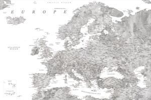 Mapa Detailed map of Europe in gray watercolor, Blursbyai