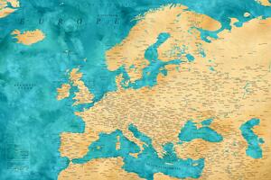 Mapa Detailed map of Europe in gold and teal watercolor, Blursbyai