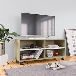 Szafka pod TV z kółkami, biel i dąb sonoma, 90x35x35 cm