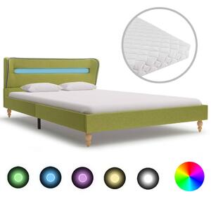 Łóżko LED z materacem, zielone, tkanina, 140 x 200 cm