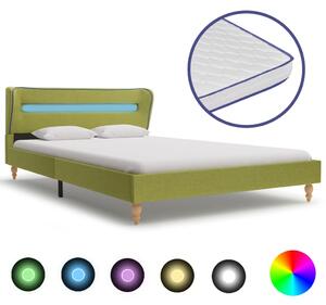 Łóżko LED z materacem memory, zielone, tkanina, 140x200 cm