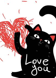 Ilustracja Black sarcastic grumpy cat scratched heart, Marianna Pashchuk