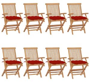 Krzesła ogrodowe z czerwonymi poduszkami, 8 szt., drewno tekowe