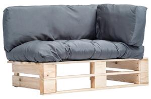Ogrodowa sofa z palet, z szarymi poduszkami, sosna