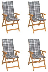 Krzesła ogrodowe, 4 szt., z poduszkami w szarą kratkę, tek