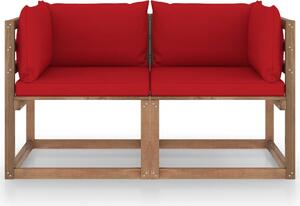 Ogrodowa sofa 2-osobowa z palet, z czerwonymi poduszkami, sosna