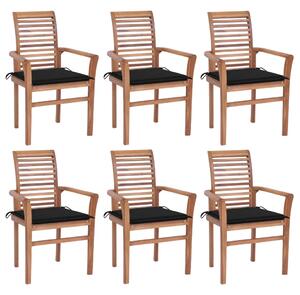 Krzesła stołowe z czarnymi poduszkami, 6 szt., drewno tekowe