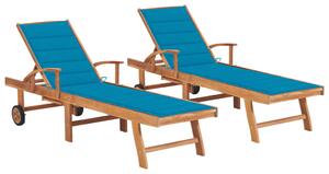 Leżaki z niebieskimi poduszkami, 2 szt., lite drewno tekowe
