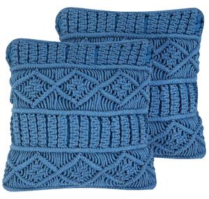 Zestaw 2 sztuk poduszek bawełnianych makrama 45 x 45 cm niebieski Karatas Beliani