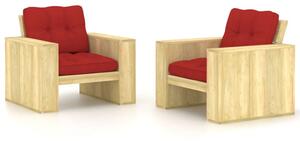 Krzesła ogrodowe z czerwonymi poduszkami, 2 szt., drewniane