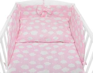 Bawełniana Pościel Do łóżeczka Dziecięcego - Różowy W Białe Chmurki Z Drabinką - 120x90