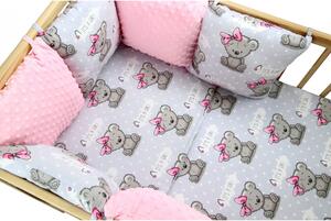 Ochraniacz Do łóżeczka Modułowy, 6 Poduszek - Miś Dziewczynka Na Szarym Tle + Minky Różowe