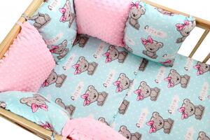 Ochraniacz Do łóżeczka Modułowy, 6 Poduszek - Miś Dziewczynka Mięta + Minky Różowe