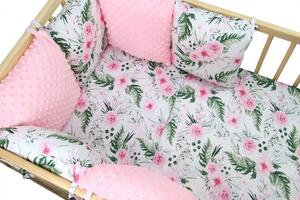 Ochraniacz Do łóżeczka Modułowy, 6 Poduszek - Kwiaty Różowe + Minky Różowe