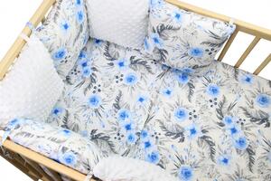 Ochraniacz Do łóżeczka Modułowy, 6 Poduszek - Kwiaty Błękitne + Minky Białe