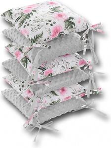 Ochraniacz Do łóżeczka Modułowy, 6 Poduszek - Kwiaty Różowe + Minky Szare