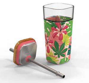 Quokka Liquid Cube - Kubek szklany 540 ml ze słomką ze stali nierdzewnej (Pink Jungle)
