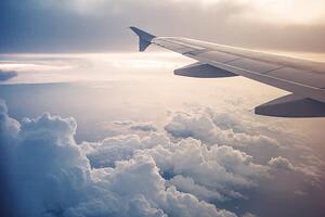 Ilustracja Image of airplane wing flying above the clouds, Moazzam Ali Brohi